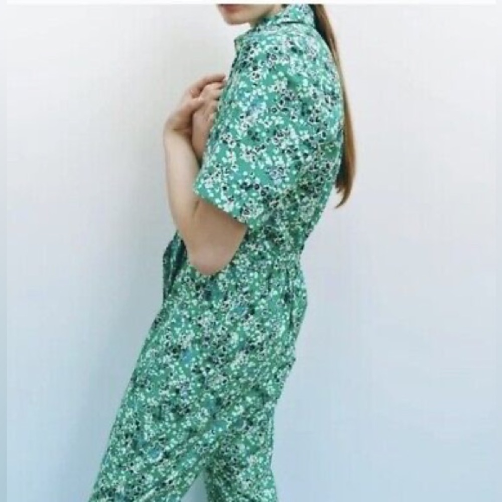 New Zara Jumpsuit Green Floral Print Zip Front Short Sleeves Size M - Picture 2 of 6